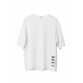 Biçomi Unisex Bisiklet Yaka Baskılı Oversize T-Shirt - Beyaz