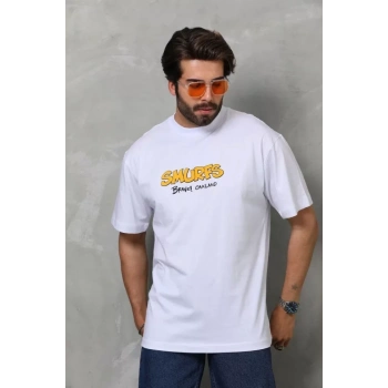 Biçomi Unisex Bisiklet Yaka Baskılı Oversize T-Shirt - Beyaz