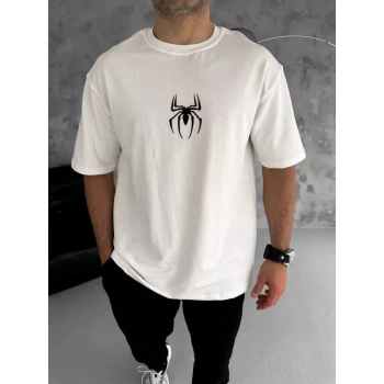 Biçomi Unisex Bisiklet Yaka Baskılı Oversize T-Shirt - Beyaz