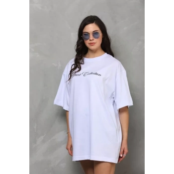 Biçomi Unisex Bisiklet Yaka Baskılı Oversize T-Shirt - Beyaz