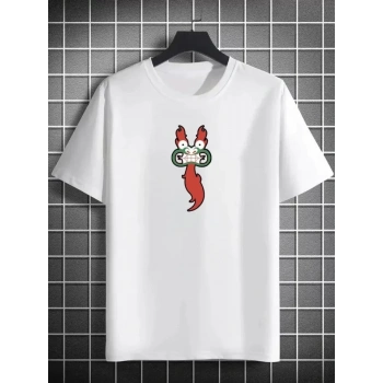Biçomi Unisex Bisiklet Yaka Baskılı Oversize T-Shirt - Beyaz