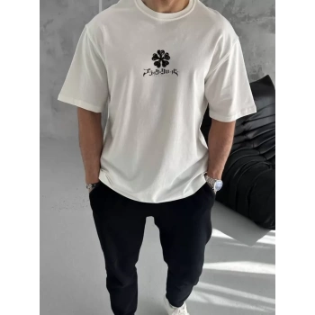 Biçomi Unisex Bisiklet Yaka Baskılı Oversize T-Shirt - Beyaz