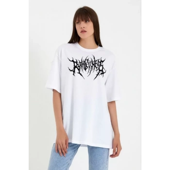 Biçomi Unisex Bisiklet Yaka Baskılı Oversize T-Shirt - Beyaz