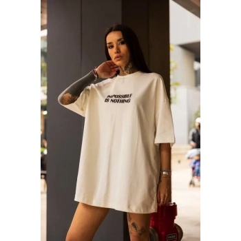 Biçomi Unisex Bisiklet Yaka Baskılı Oversize T-Shirt - Beyaz