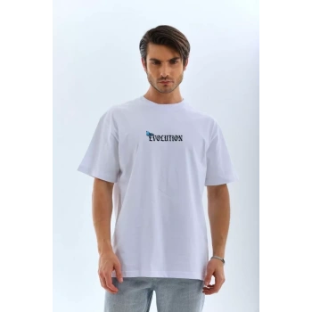 Biçomi Unisex Bisiklet Yaka Baskılı Oversize T-Shirt - Beyaz