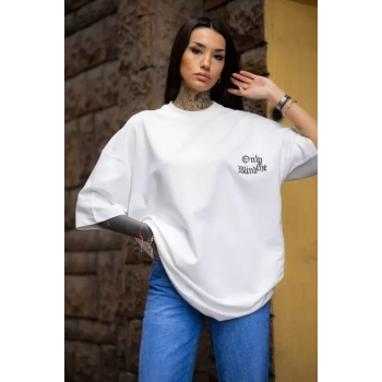 Biçomi Unisex Bisiklet Yaka Baskılı Oversize T-Shirt - Beyaz
