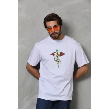 Biçomi Unisex Bisiklet Yaka Baskılı Oversize T-Shirt - Beyaz