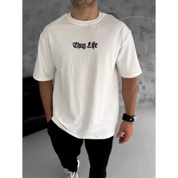Biçomi Unisex Bisiklet Yaka Baskılı Oversize T-Shirt - Beyaz