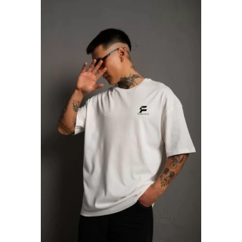 Biçomi Unisex Bisiklet Yaka Baskılı Oversize T-Shirt - Beyaz