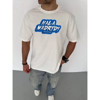 Biçomi Unisex Bisiklet Yaka Baskılı Oversize T-Shirt - Beyaz