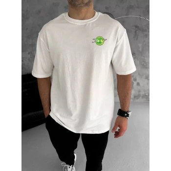 Biçomi Unisex Bisiklet Yaka Baskılı Oversize T-Shirt - Beyaz
