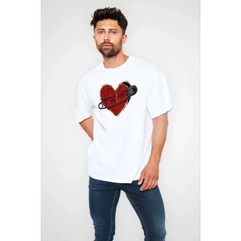 Biçomi Unisex Bisiklet Yaka Baskılı Oversize T-Shirt - Beyaz