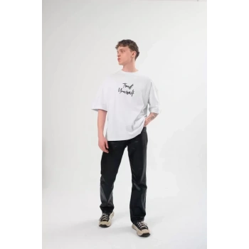 Biçomi Unisex Bisiklet Yaka Baskılı Oversize T-Shirt - Beyaz