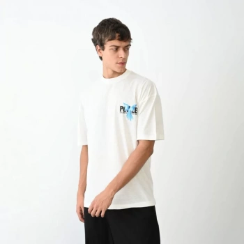 Biçomi Unisex Bisiklet Yaka Baskılı Oversize T-Shirt - Beyaz