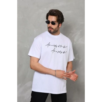 Biçomi Unisex Bisiklet Yaka Baskılı Oversize T-Shirt - Beyaz