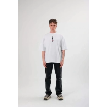 Biçomi Unisex Bisiklet Yaka Baskılı Oversize T-Shirt - Beyaz