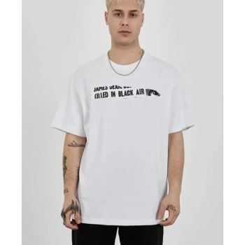 Biçomi Unisex Bisiklet Yaka Baskılı Oversize T-Shirt - Beyaz