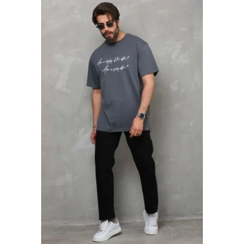 Biçomi Unisex Bisiklet Yaka Baskılı Oversize T-Shirt - Füme
