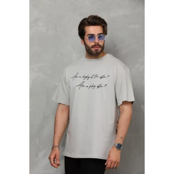 Biçomi Unisex Bisiklet Yaka Baskılı Oversize T-Shirt - Gri