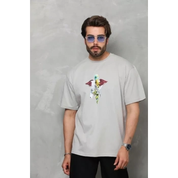 Biçomi Unisex Bisiklet Yaka Baskılı Oversize T-Shirt - Gri