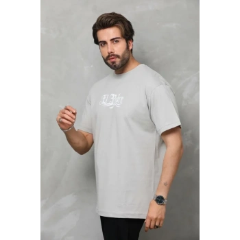 Biçomi Unisex Bisiklet Yaka Baskılı Oversize T-Shirt - Gri
