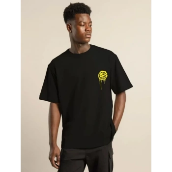 Biçomi Unisex Bisiklet Yaka Baskılı Oversize T-Shirt - Siyah
