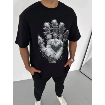 Biçomi Unisex Bisiklet Yaka Baskılı Oversize T-Shirt - Siyah
