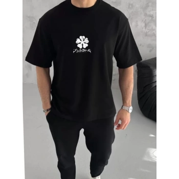 Biçomi Unisex Bisiklet Yaka Baskılı Oversize T-Shirt - Siyah