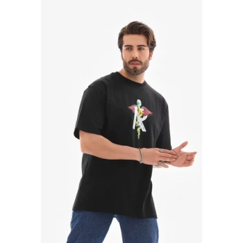 Biçomi Unisex Bisiklet Yaka Baskılı Oversize T-Shirt - Siyah