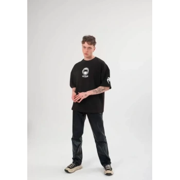 Biçomi Unisex Bisiklet Yaka Baskılı Oversize T-Shirt - Siyah