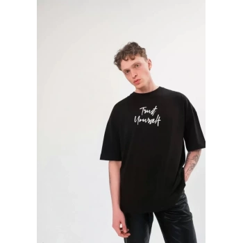 Biçomi Unisex Bisiklet Yaka Baskılı Oversize T-Shirt - Siyah