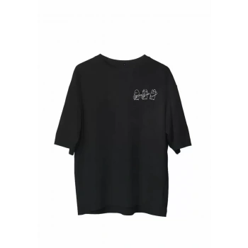 Biçomi Unisex Bisiklet Yaka Baskılı Oversize T-Shirt - Siyah