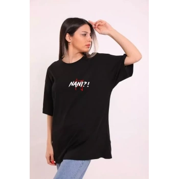 Biçomi Unisex Bisiklet Yaka Baskılı Oversize T-Shirt - Siyah