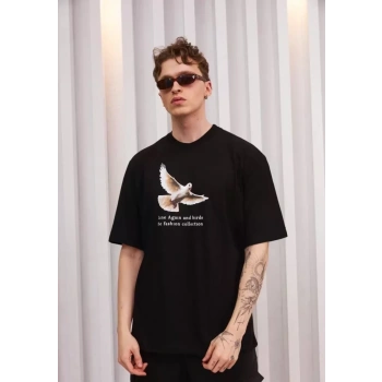 Biçomi Unisex Bisiklet Yaka Baskılı Oversize T-Shirt - Siyah