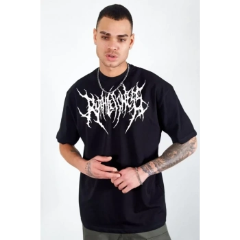 Biçomi Unisex Bisiklet Yaka Baskılı Oversize T-Shirt - Siyah