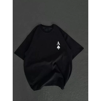 Biçomi Unisex Bisiklet Yaka Baskılı Oversize T-Shirt - Siyah