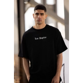 Biçomi Unisex Bisiklet Yaka Baskılı Oversize T-Shirt - Siyah