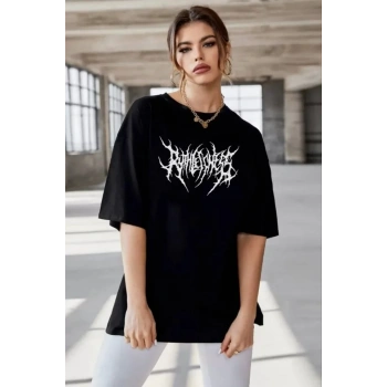 Biçomi Unisex Bisiklet Yaka Baskılı Oversize T-Shirt - Siyah