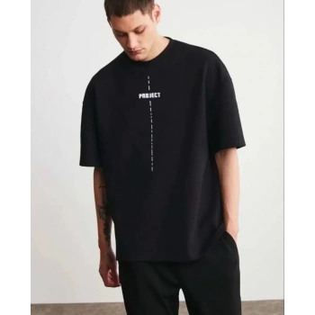 Biçomi Unisex Bisiklet Yaka Baskılı Oversize T-Shirt - Siyah