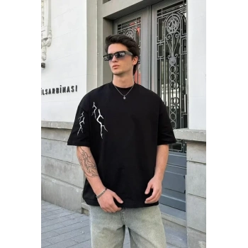 Biçomi Unisex Bisiklet Yaka Baskılı Oversize T-Shirt - Siyah