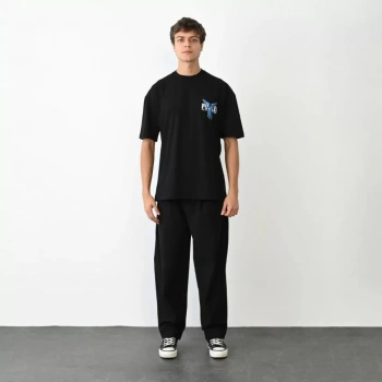 Biçomi Unisex Bisiklet Yaka Baskılı Oversize T-Shirt - Siyah