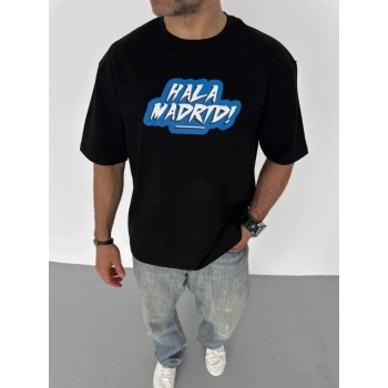 Biçomi Unisex Bisiklet Yaka Baskılı Oversize T-Shirt - Siyah