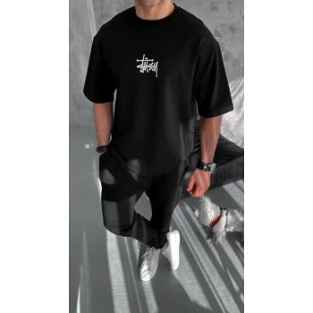 Biçomi Unisex Bisiklet Yaka Baskılı Oversize T-Shirt - Siyah