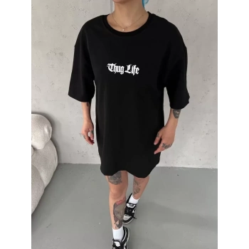 Biçomi Unisex Bisiklet Yaka Baskılı Oversize T-Shirt - Siyah