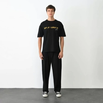 Biçomi Unisex Bisiklet Yaka Baskılı Oversize T-Shirt - Siyah