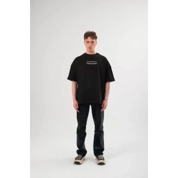 Biçomi Unisex Bisiklet Yaka Baskılı Oversize T-Shirt - Siyah
