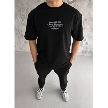 Biçomi Unisex Bisiklet Yaka Baskılı Oversize T-Shirt - Siyah