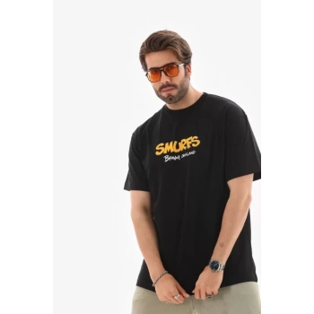 Biçomi Unisex Bisiklet Yaka Baskılı Oversize T-Shirt - Siyah