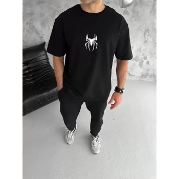 Biçomi Unisex Bisiklet Yaka Baskılı Oversize T-Shirt - Siyah