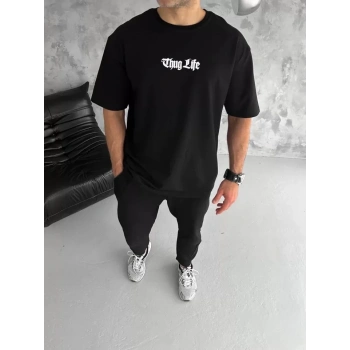 Biçomi Unisex Bisiklet Yaka Baskılı Oversize T-Shirt - Siyah